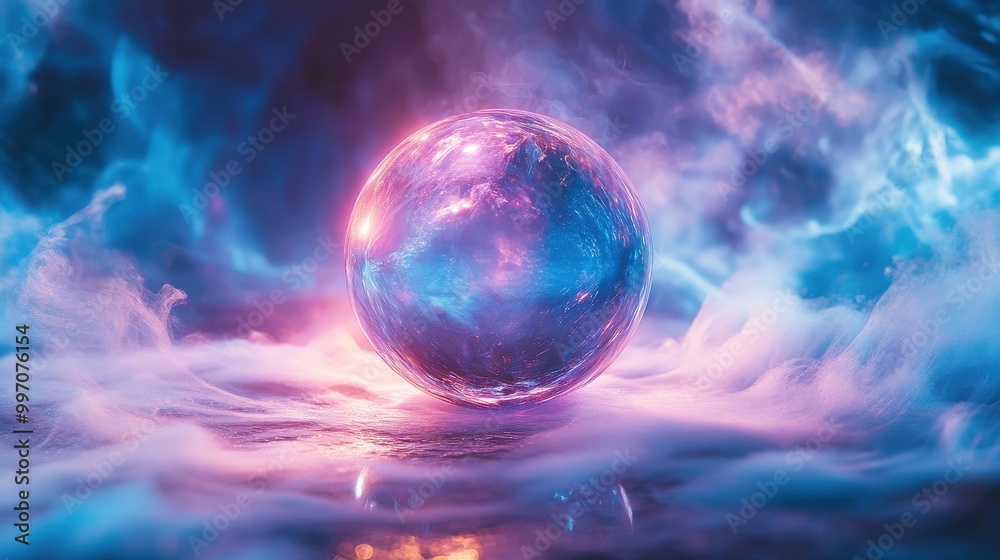 Mystical glowing crystal ball surrounded by ethereal mist in blue and purple hues Mystical glowing crystal ball surrounded by ethereal mist in blue and purple hues