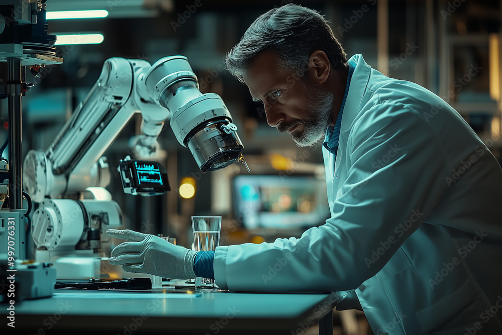 Scientist in white coat working in laboratory, modern laboratory equipment and robotic arm equipment Scientist in white coat working in laboratory, modern laboratory equipment and robotic arm equipment