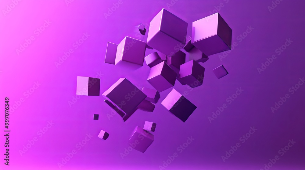 An abstract and futuristic shape made from squares in three dimensions hovers against a vibrant purple background. An abstract and futuristic shape made from squares in three dimensions hovers against a vibrant purple background.