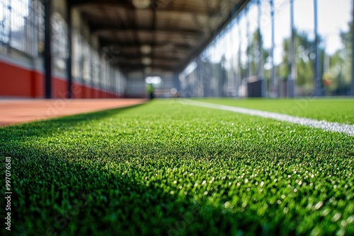 Renovation project of a sports stadium installing new artificial turf. photo