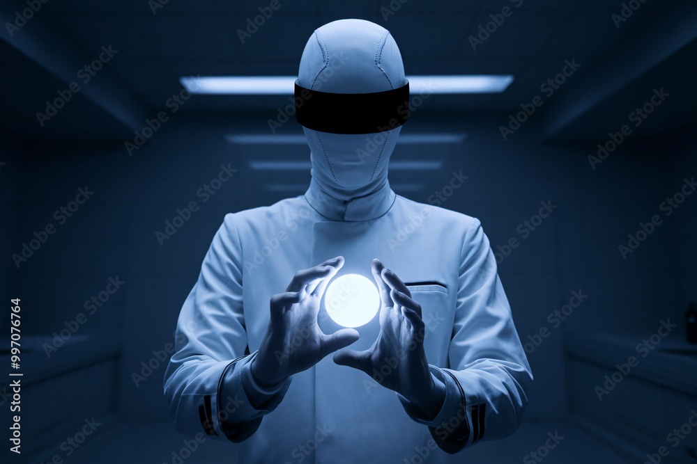 The Enigma in the Lab: A mysterious figure in a white lab coat and mask holds a glowing orb, standing in a sterile, blue-lit laboratory. The image evokes intrigue and mystery. The Enigma in the Lab: A mysterious figure in a white lab coat and mask holds a glowing orb, standing in a sterile, blue-lit laboratory. The image evokes intrigue and mystery.