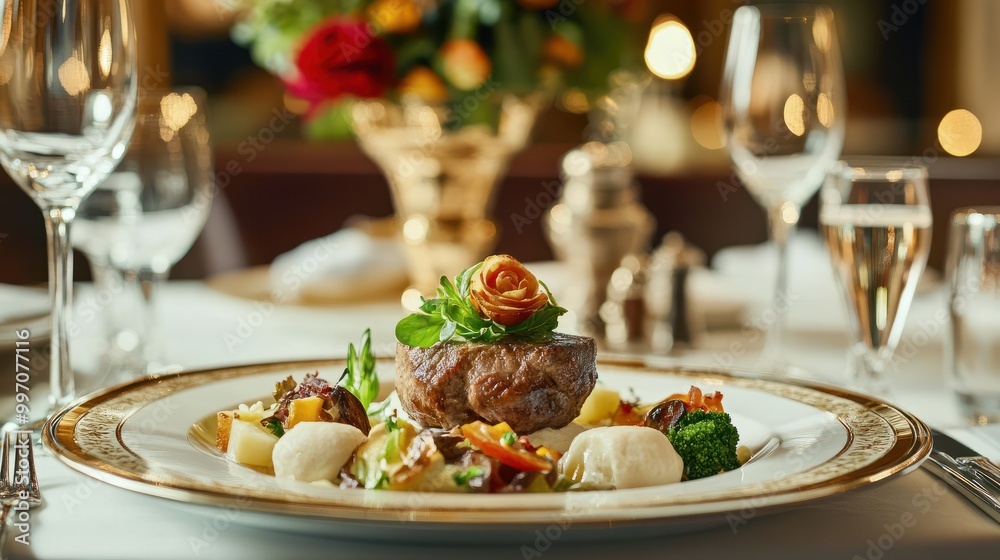 Luxury food service, main course served at a restaurant or formal dinner event in classic English style in the luxurious hotel or country estate, Luxury food service, main course served at a restaurant or formal dinner event in classic English style in the luxurious hotel or country estate,