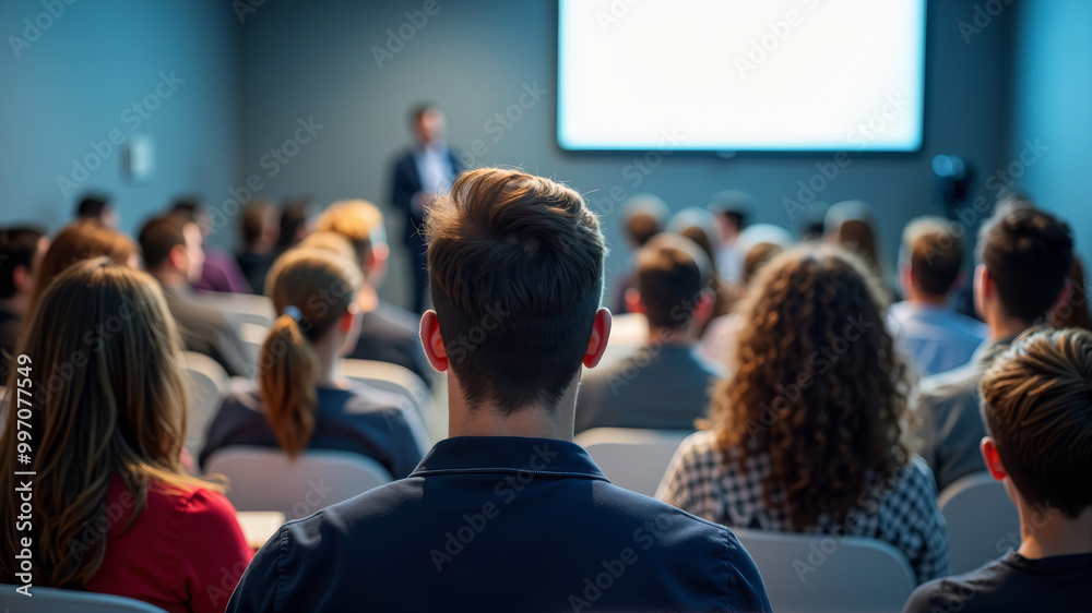 Fototapeta premium Modern conference room filled with attentive diverse audience listening focused on blurred professional speaker presenter man or college teacher presenting with projection screen in distance at front.