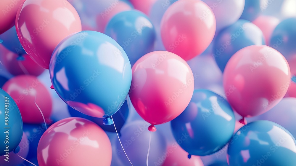 Blue and pink balloons clashing and collecting in a 3D scene. Blue and pink balloons clashing and collecting in a 3D scene.