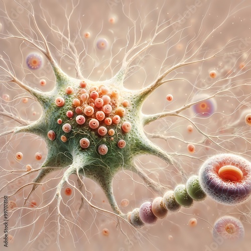 Detailed 3D illustration of Parkinson's disease with Lewy body accumulation photo