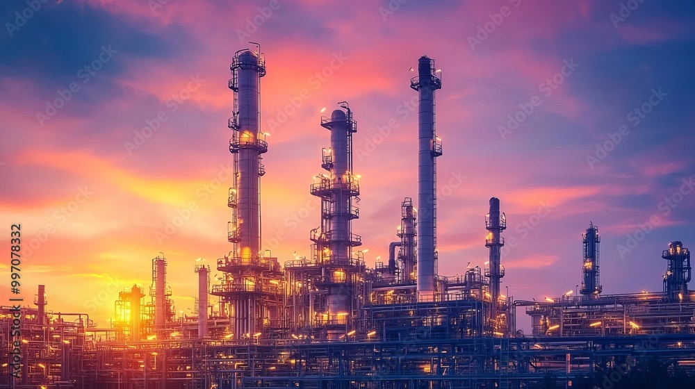 Obraz premium An oil refinery or petrochemical plant against a beautiful sunset sky. The factory is working in the evening, producing petrochemicals for various industries.