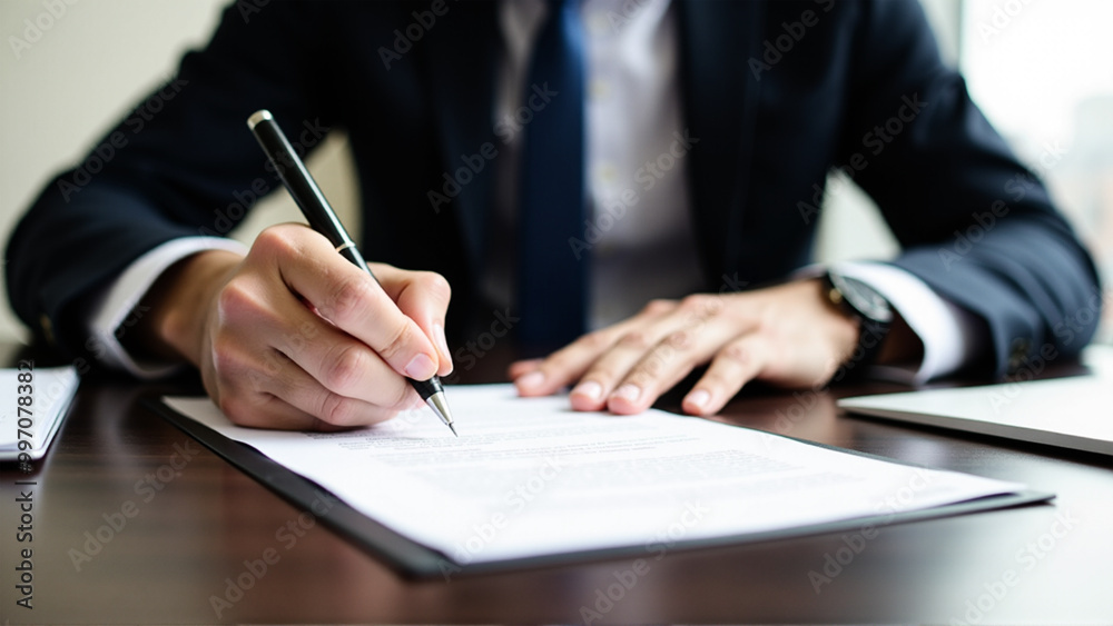 Businessman Signing a Contract with Pen on Paper