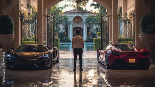 Successful young man in  luxurious mansion entrance with supercars showcasing opulence and success photo