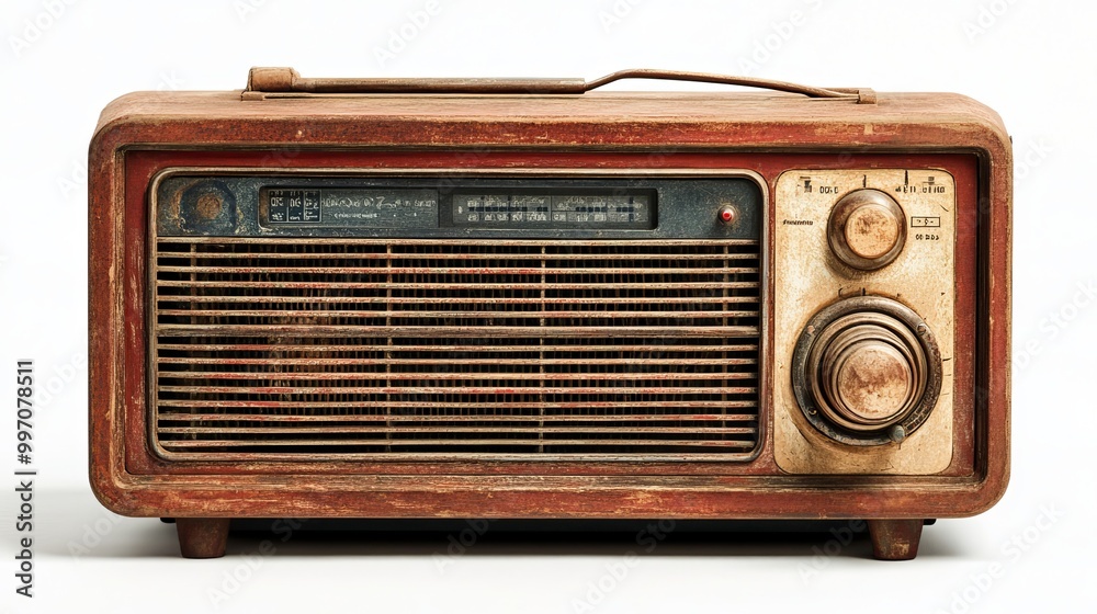 An old-fashioned radio sits by itself against a blank white background, inviting you to take a closer look at its faded details and nostalgic charm. An old-fashioned radio sits by itself against a blank white background, inviting you to take a closer look at its faded details and nostalgic charm.