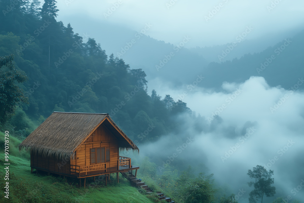 A wooden hut on the mountain in the morning overlooking nature and mist in the valley. A wooden hut on the mountain in the morning overlooking nature and mist in the valley.