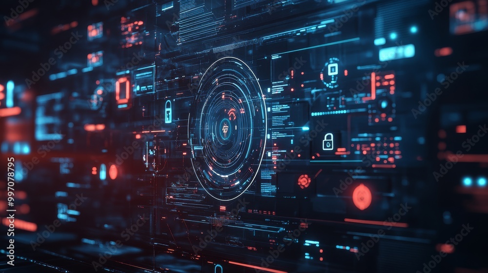 A dynamic cybersecurity interface showcases encryption data locks on a digital screen, highlighting advanced technology in a contemporary office environment A dynamic cybersecurity interface showcases encryption data locks on a digital screen, highlighting advanced technology in a contemporary office environment