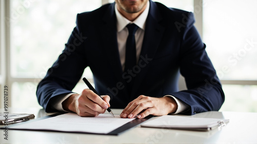 Businessman Signing a Contract with Pen on Paper