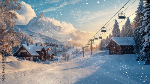 A picturesque winter vacation destination featuring snow-covered mountains, ski lifts, and cozy lodges. The banner promotes exciting holiday travel deals for winter getaways photo