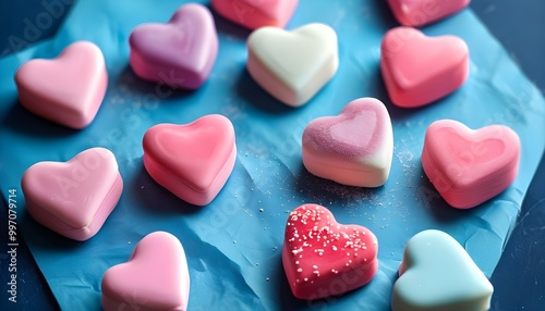 Pastel Heart-Shaped Candies Spread on Blue Paper Creating a Charm of Sweet Love