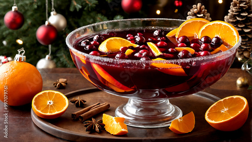 Mulled cranberry punch with oranges and cloves. AI generated.	