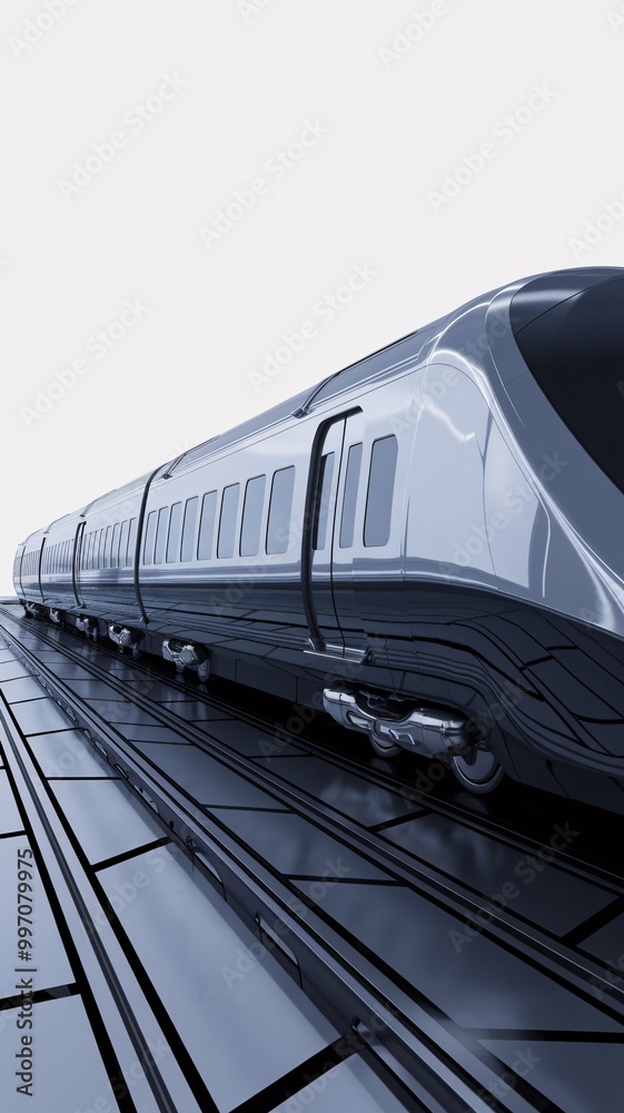 Naklejka premium Modern High-Speed Train on Tracks: A sleek, silver bullet of modern transportation, gliding effortlessly on shiny tracks in a futuristic setting. This image embodies speed, efficiency, and progress. 