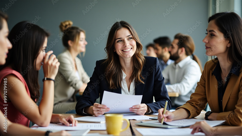 Business Team Meeting in office Led by a Woman, Engaged in Discussion Business Team Meeting in office Led by a Woman, Engaged in Discussion
