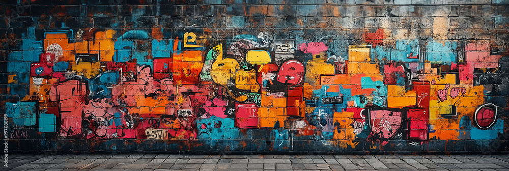 Naklejka premium Graffiti wall with colorful art, artist pop art style background backdrop