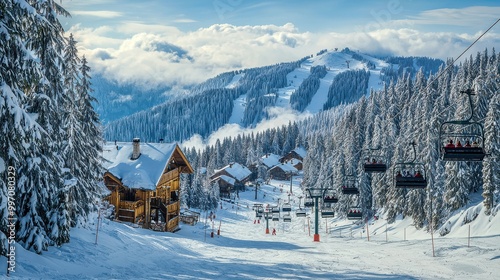 A picturesque winter vacation destination featuring snow-covered mountains, ski lifts, and cozy lodges. The banner promotes exciting holiday travel deals for winter getaways