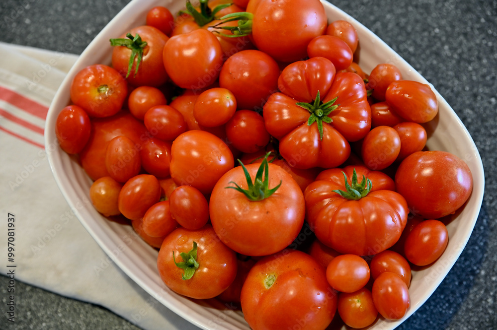 Fresh harvested home grown organic tomatoes for vegetarian healthy meals, sauces and salsas.