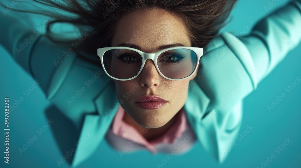 A woman wearing oversized white glasses and a bright blue jacket poses against a plain background, exuding confidence and modern style. A woman wearing oversized white glasses and a bright blue jacket poses against a plain background, exuding confidence and modern style.