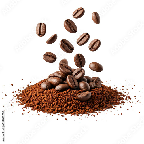 coffee bean flying randomly in the air explosion splash isolated on white transparent background