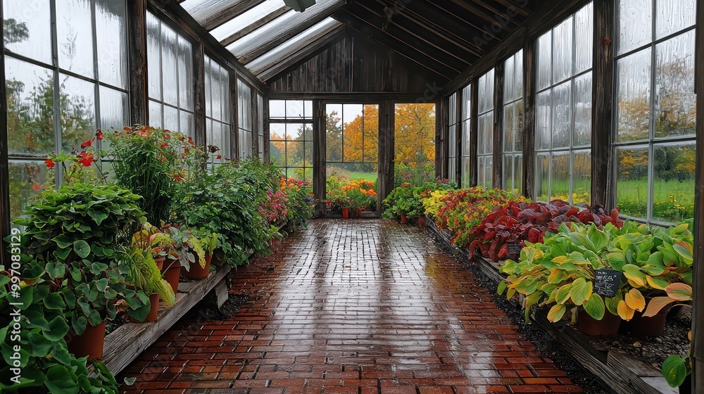 A rustic greenhouse attached to a farmhouse, with aged brick flooring ...