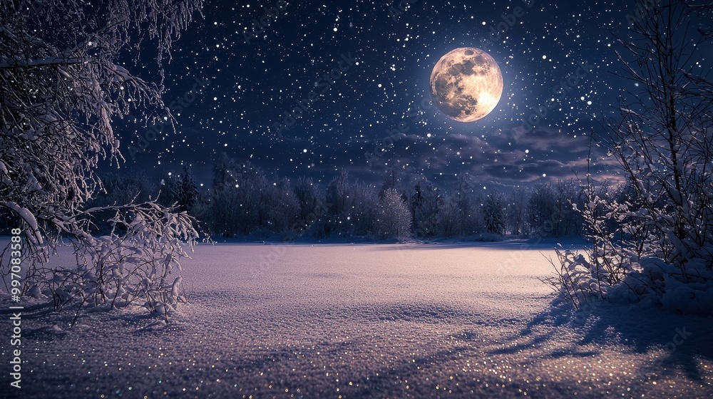 Naklejka premium A dark winter night sky adorned with softly falling snowflakes, illuminated by a full moon. This scene creates a magical and serene winter landscape, perfect for seasonal backgrounds.