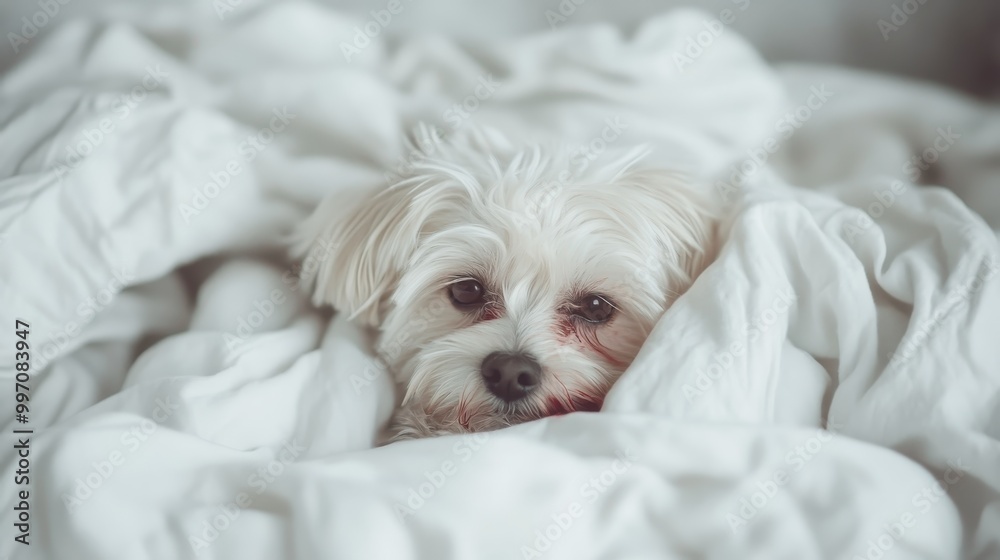 A sweet image of a white dog nestled in warm blankets, with a tranquil and gentle expression, capturing affection and coziness in a serene, indoor setting. A sweet image of a white dog nestled in warm blankets, with a tranquil and gentle expression, capturing affection and coziness in a serene, indoor setting.