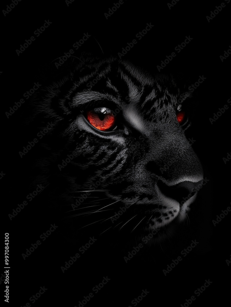 Black panther face with glowing red eyes in the dark Black panther face with glowing red eyes in the dark