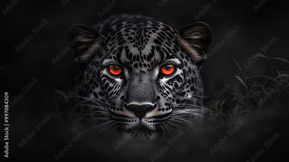Black panther face with glowing red eyes in the dark Black panther face with glowing red eyes in the dark