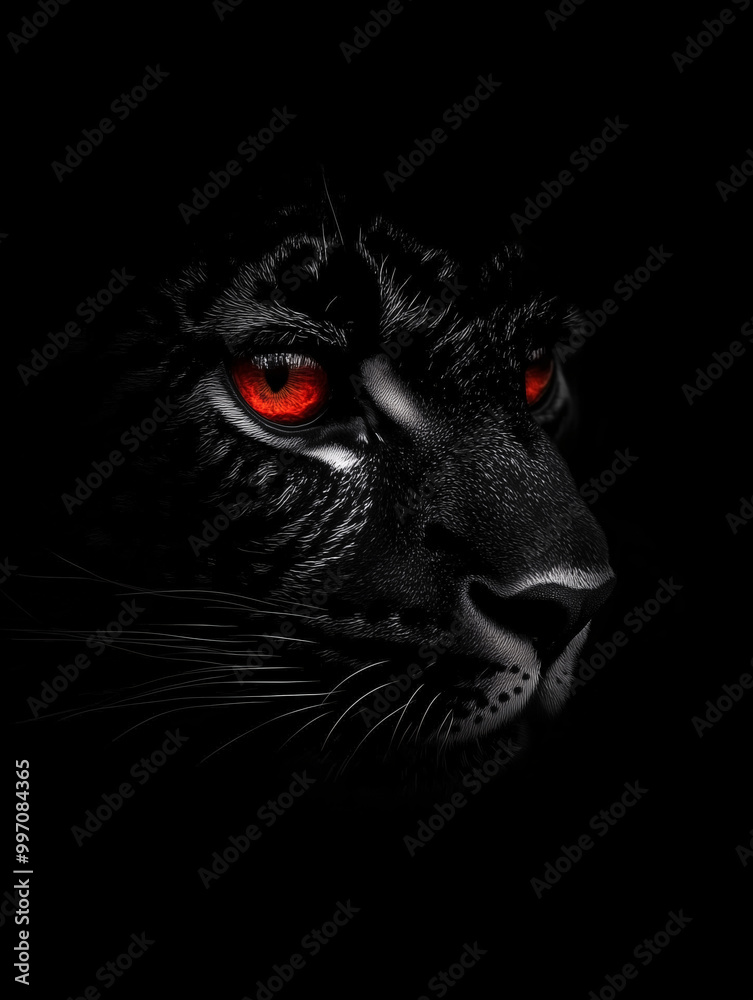 Black panther face with glowing red eyes in the dark Black panther face with glowing red eyes in the dark