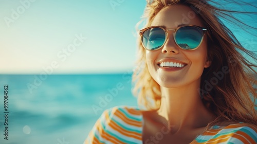 A cheerful woman with sunglasses and wavy blonde hair smiles broadly in the sunshine, representing the essence of summer and carefree outdoor adventures.