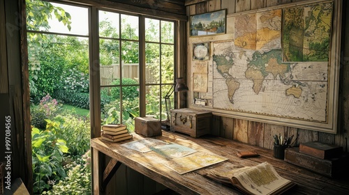 A rustic home office with a reclaimed wooden desk, vintage maps on the walls, and a window looking out to a peaceful garden