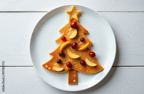 A Christmas tree of pancakes lies on a white plate. photo