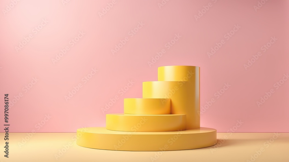 A minimalist display featuring yellow circular pedestals against a pink background. A minimalist display featuring yellow circular pedestals against a pink background.