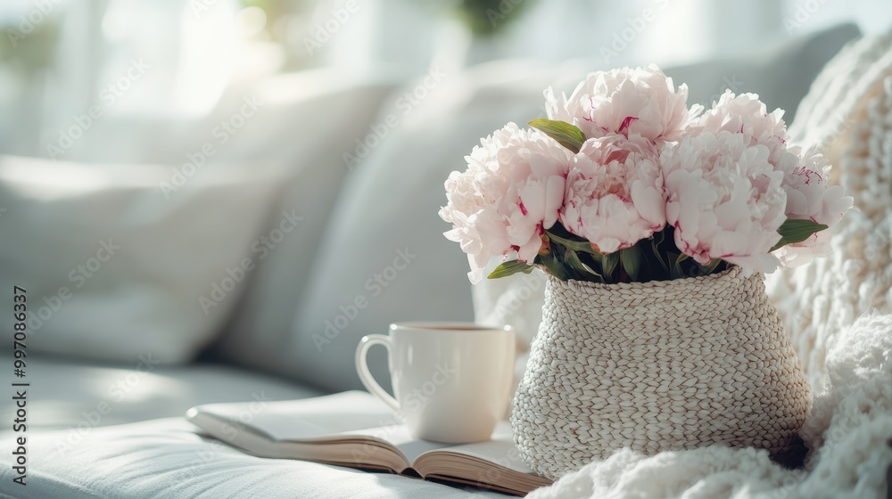 A relaxed morning scene featuring a white ceramic tea cup next to an open book and a beautifully woven basket filled with pink peonies, resting on a cozy, light fabric couch. A relaxed morning scene featuring a white ceramic tea cup next to an open book and a beautifully woven basket filled with pink peonies, resting on a cozy, light fabric couch.