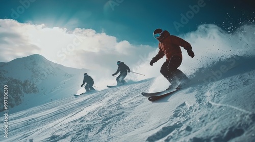 A dynamic image showcasing snowboarders and skiers on snowy slopes, perfect for promoting winter sports events or equipment sales. The action-packed scene captures the excitement of winter sports photo