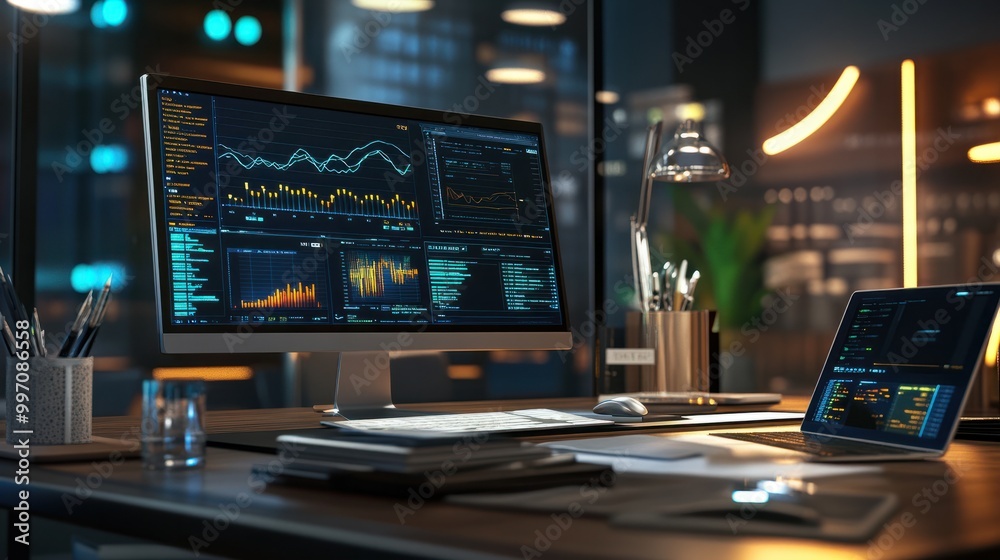 Workplace 3d render. Business and finance analytics theme. Workplace 3d render. Business and finance analytics theme.