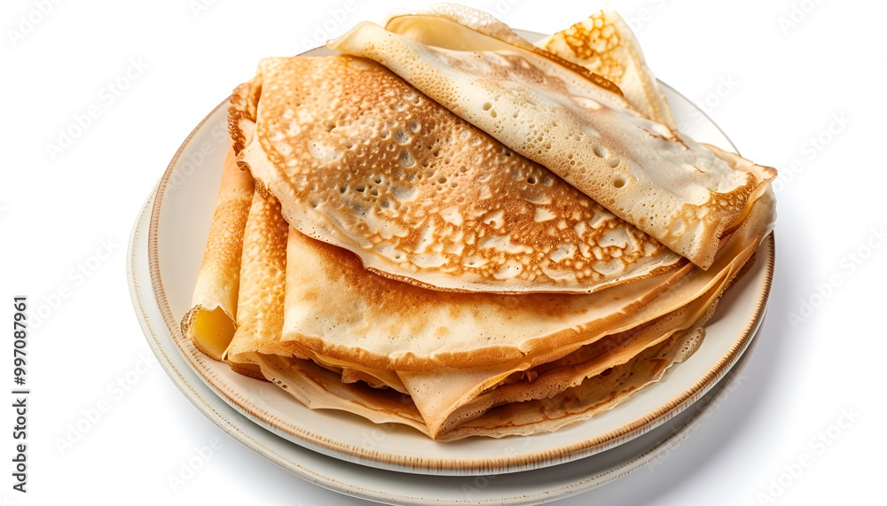 Stack of delicious crepes on plate against white background, top view Stack of delicious crepes on plate against white background, top view