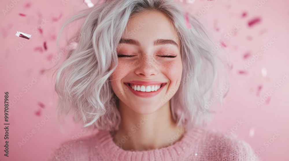A lovely woman with a radiant smile and delightful freckles enjoys a moment of pure joy, surrounded by a cascade of pink confetti on a pastel backdrop. A lovely woman with a radiant smile and delightful freckles enjoys a moment of pure joy, surrounded by a cascade of pink confetti on a pastel backdrop.