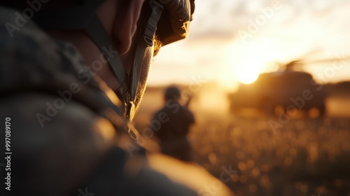 A soldier is captured from behind, gazing at a distant helicopter against the backdrop of a golden sunset in a wide field, evoking themes of duty, patience, and reflection. photo