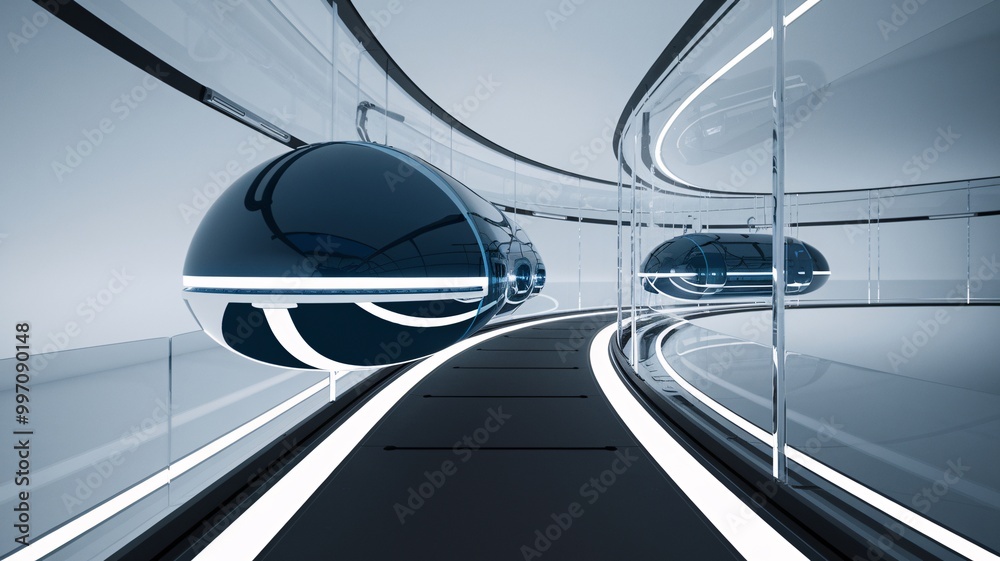 Fototapeta premium Futuristic Transportation: Sleek, futuristic pods glide effortlessly through a sleek, glass-enclosed tunnel, showcasing innovative transportation technology and a glimpse into a modern, urban future.