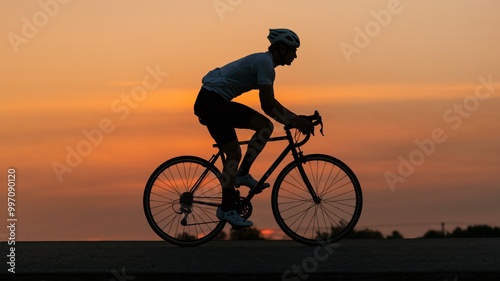 A photo of a silhouette of a cyclist riding a bike at dusk. The cyclist is wearing a white shirt and a helmet.