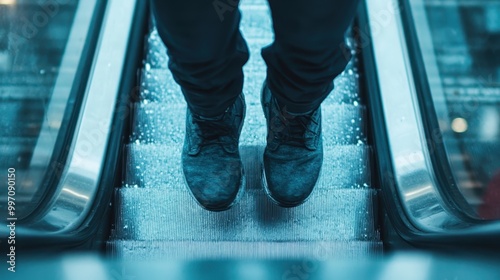 This image showcases a pair of blue shoes briskly stepping on a brightly illuminated escalator. The dynamic lighting and composition highlight the sense of movement and modernity. photo