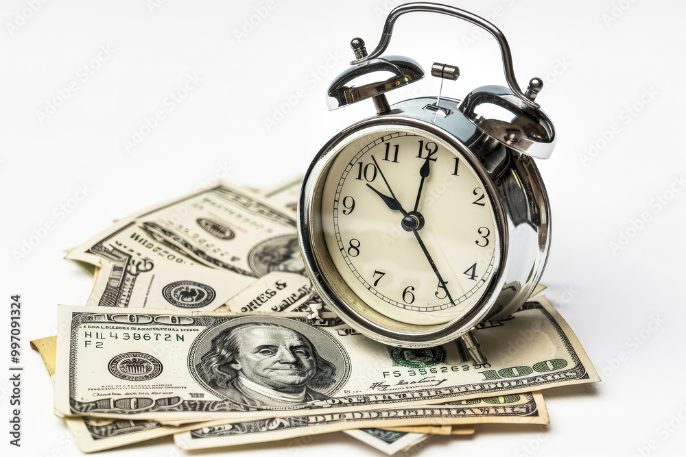 Silver alarm clock with the hands on the numbers 3 and 9. The clock is on top of a stack of money. time money concept Silver alarm clock with the hands on the numbers 3 and 9. The clock is on top of a stack of money. time money concept