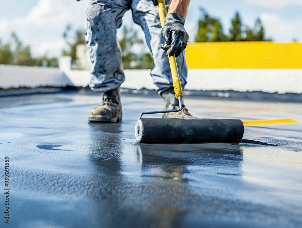 Worker Applying Sealant to Concrete Surface Worker Applying Sealant to Concrete Surface