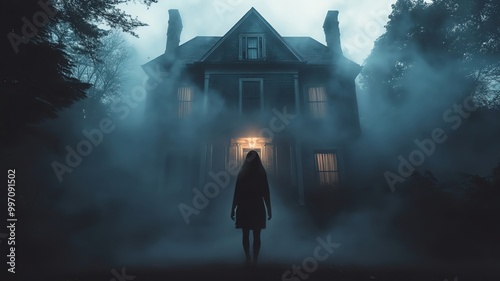 A shadowy figure emerging from an old Victorian house on Halloween night, fog swirling around, copy space, vintage horror theme, surreal, silhouette, eerie mansion backdrop photo