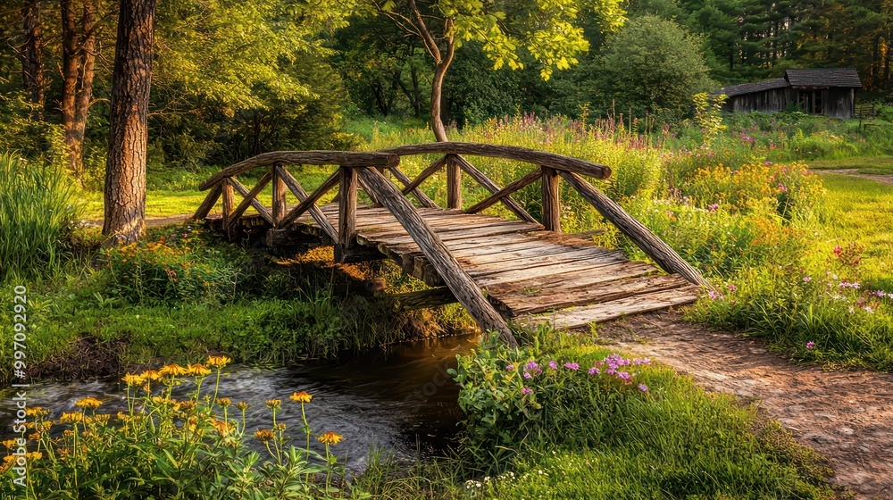 A rustic wooden bridge crossing a small stream on a farmhouse property, surrounded by mature trees and wildflowers A rustic wooden bridge crossing a small stream on a farmhouse property, surrounded by mature trees and wildflowers