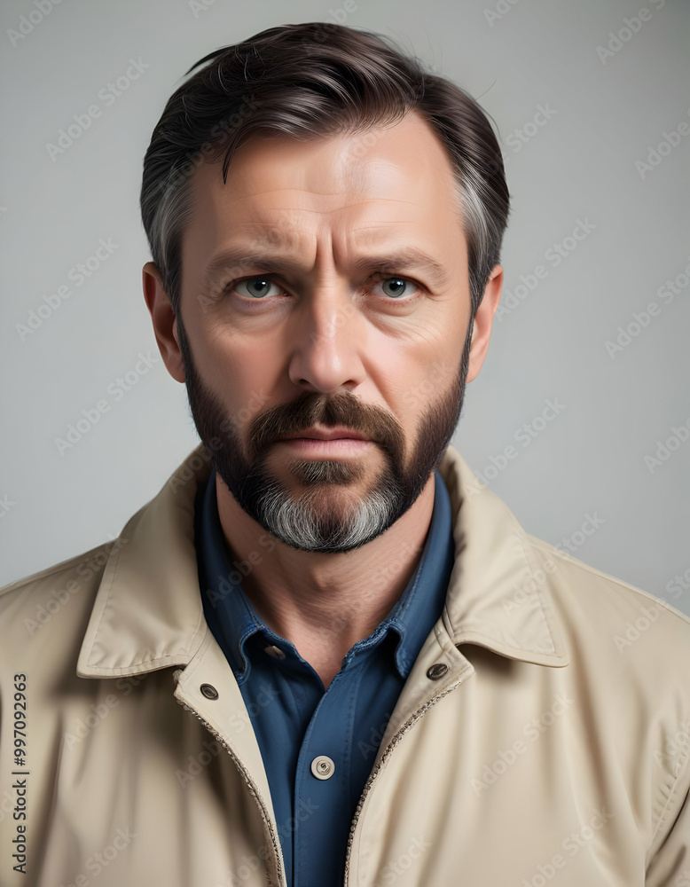 A middle-aged Caucasian man with short dark hair and a beard, wearing a light-colored jacket, looking directly at the camera with a serious expression A middle-aged Caucasian man with short dark hair and a beard, wearing a light-colored jacket, looking directly at the camera with a serious expression